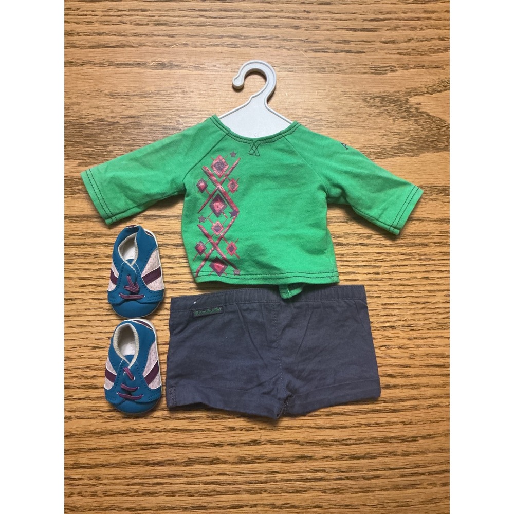American Girl Doll skateboard outfit Green Graphic Too Shorts Blue Sneakers Set